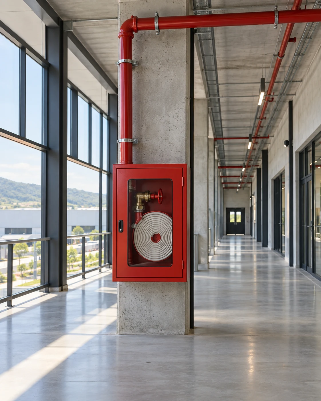 Ambiente empresarial com equipamentos de proteção contra incêndio